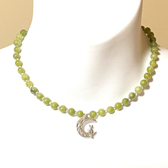 Serpentine Silver Cat on the Moon Necklace, Genuine Gemstone Beaded Necklace - Picture 2 of 9